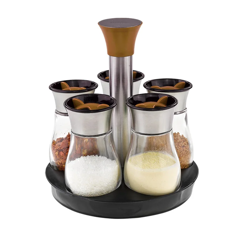 Wholesale 5 in 1 Revolving Bottle Rack with Stand Holder Salt and Pepper Plastic Dispenser Rack Spices Seasoning set