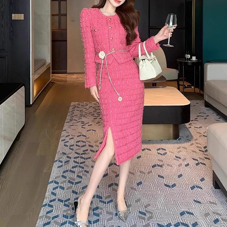 New arrivals women elegant pink long tweed skirt and jacket two pieces