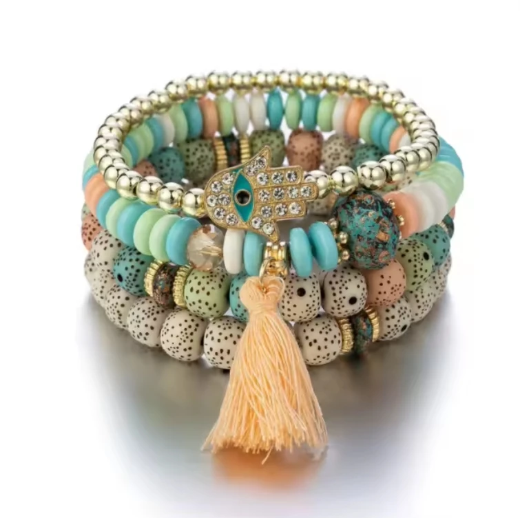 NJC Bohemian folk style fashion glasses natural stone Buddha hand turquoise tassel beaded hand bracelet