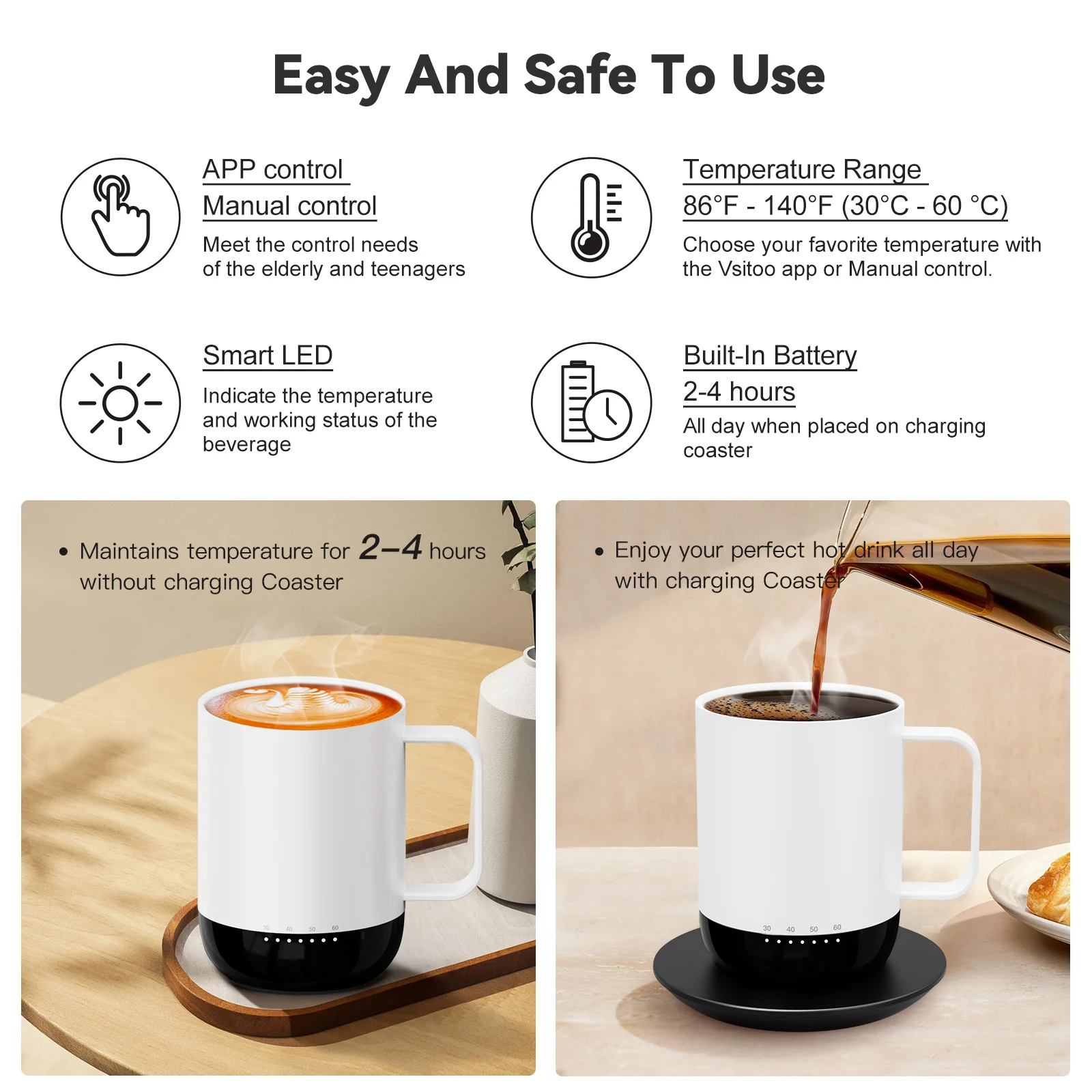 High-end App Conrtol Temperature wireless Heated Coffee Mug Stainless Steel 4-hr Battery Life warmer Smart Mug Smart Drinkware