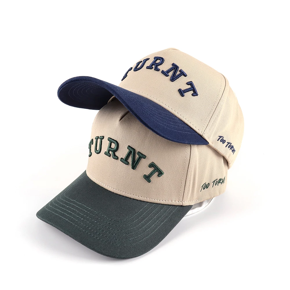 Wholesale High Quality Fashion Custom 3D embroidery 5 Panel Two Tone cap Adjustable Cotton Baseball Curved Brim Hat