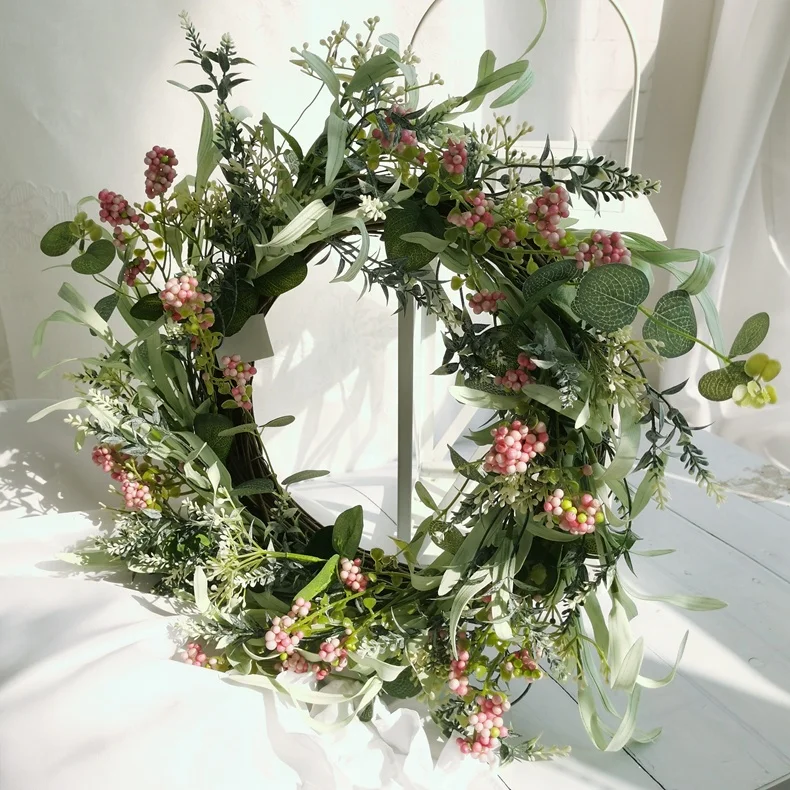 Hot sales spring green leaves artificial wild flower wreath for front door decorative