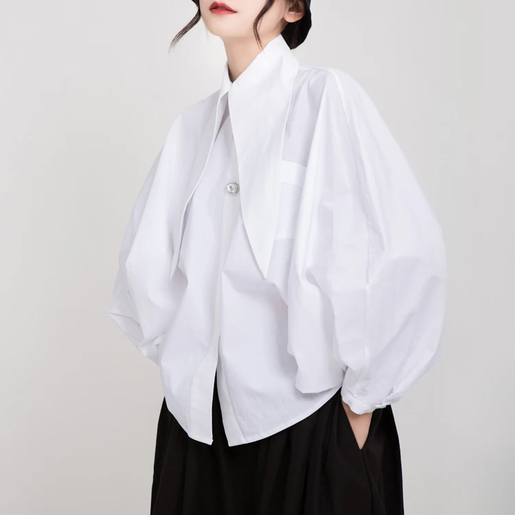 High Quality Autumn Retro Loose Lantern Sleeve Gemstone Bright Rhinestone Long Collar White Shirt