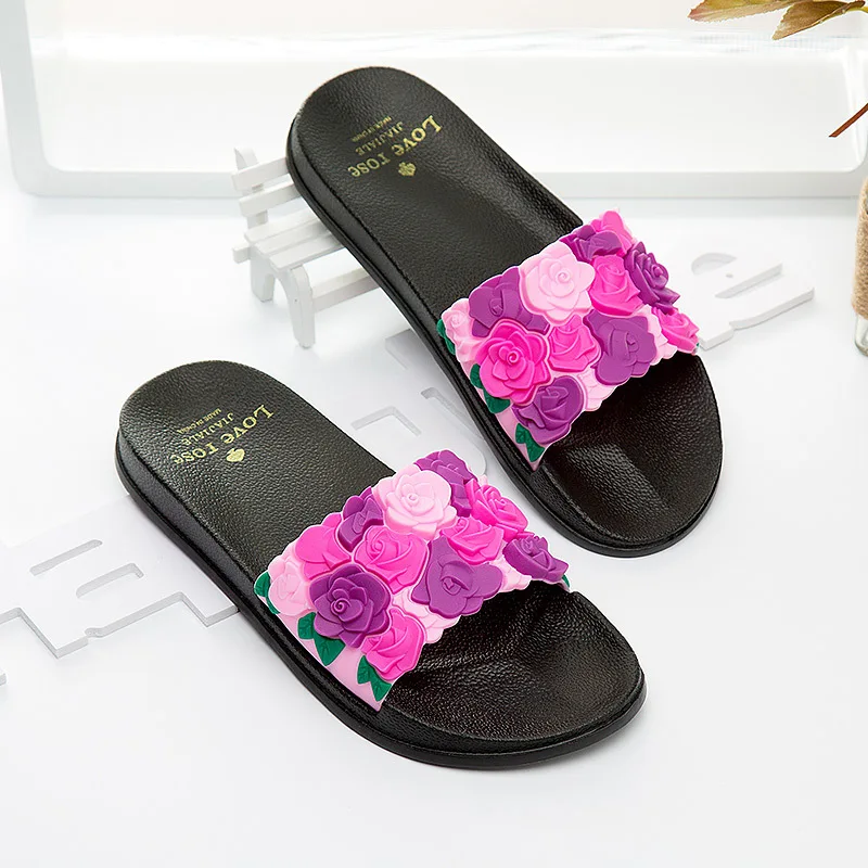 Beautiful Rose Flowers Slippers For Women Fashion Summer Plastic Outdoor Beach Female Slide Flat Slippers Shoes Wholesale