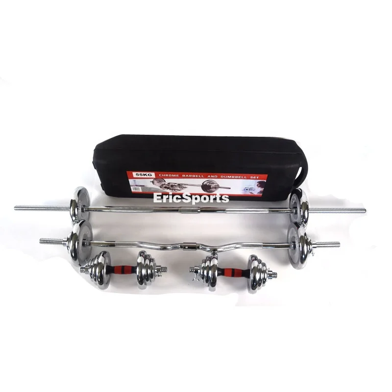 Free  Wholesales Customs logo Adjustable 50kg 55kg Weight Lifting Chrome Gym Dumbbell   Barbell Set With plastic Box
