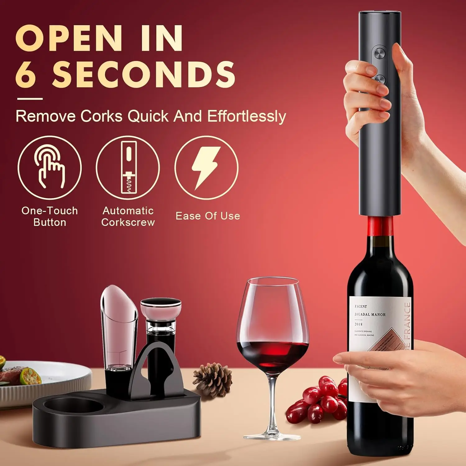 Premium 5 in 1 Electric Wine Opener Set with Rechargeable Base, Automatic Wine Bottle Opener