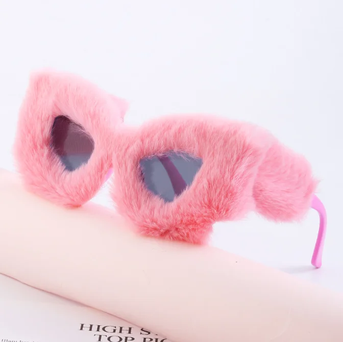 Women Fashion Big Frame Plush Fuzzy Cat Eye Sunglasses Punk Soft Velvet Shades Ladies Handmade Party Cosplay Eyewear UV400