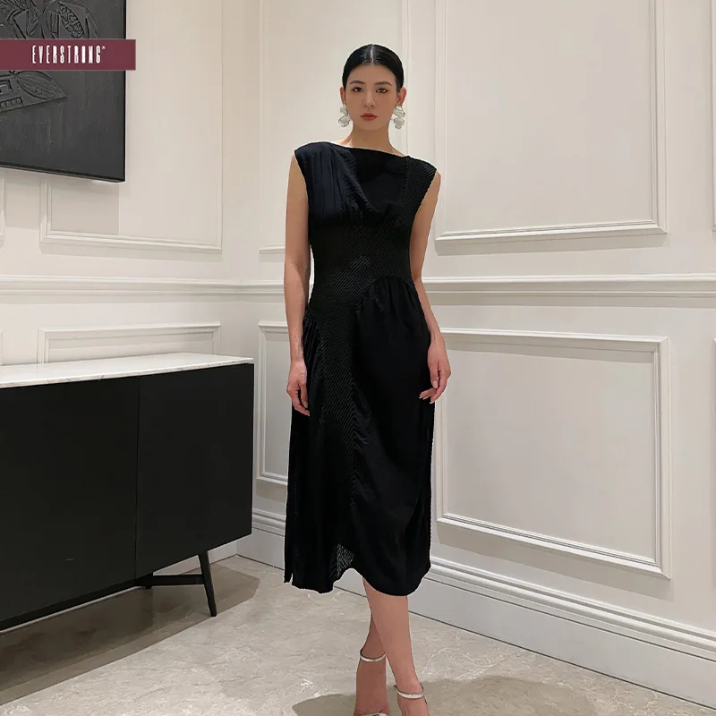 Pleated Dress Black Slim Comfortable Breathable Fashion Summer High Waist Midi Dresses