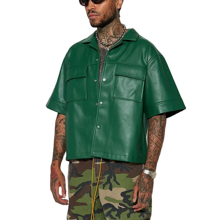 Green Summer Men Short Sleeve Blank Chest Pockets Boxy Shirt Custom Logo Faux Leather Button Up Shirt