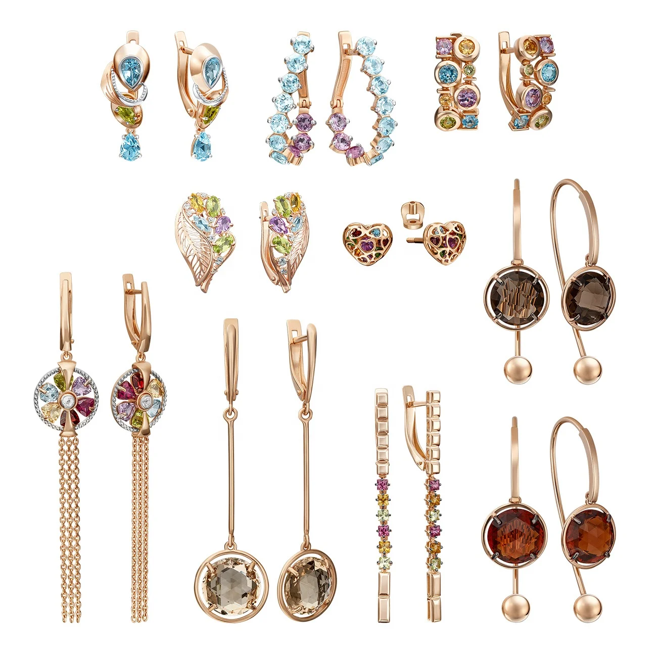 Romantic Earrings 14K Solid Rose Yellow Gold Topaz Amethyst Chrysolite Citrine ChromDiopside Garnet Smoky Quartz OEM ODM