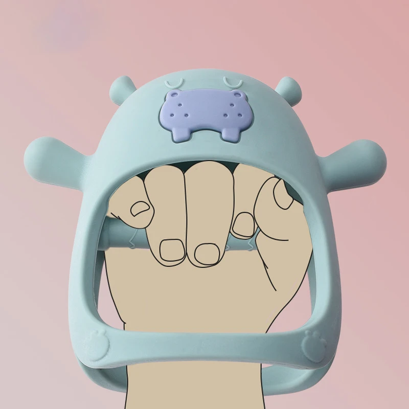 100% Food Grade Silicone Cartoon Animal Design Hippo Baby Hand Teether Soft Teething Mitt Toys