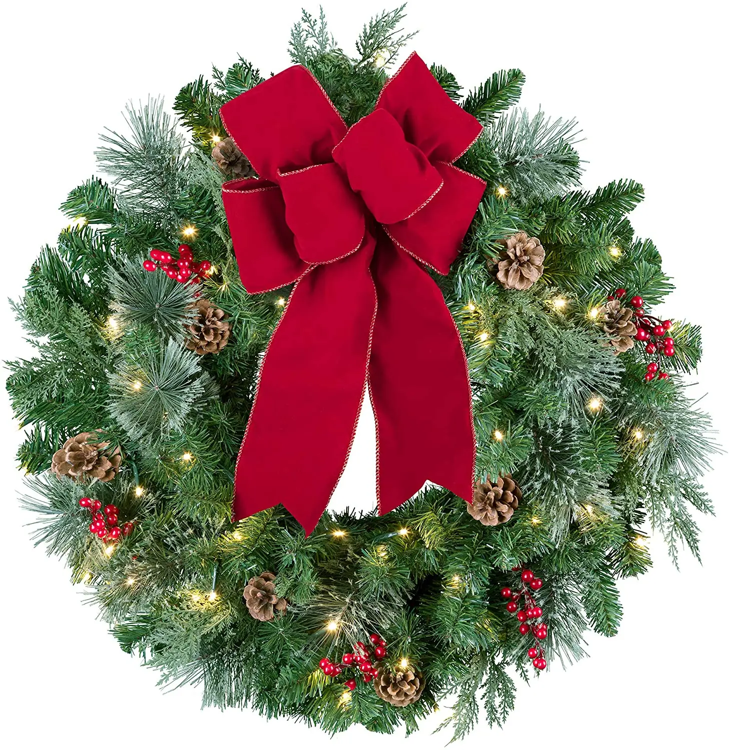 
LED Pre-Lit Jolly Artificial Christmas Wreath with Ribbons, Baubles and Battery-Operated Warm-White Lights 