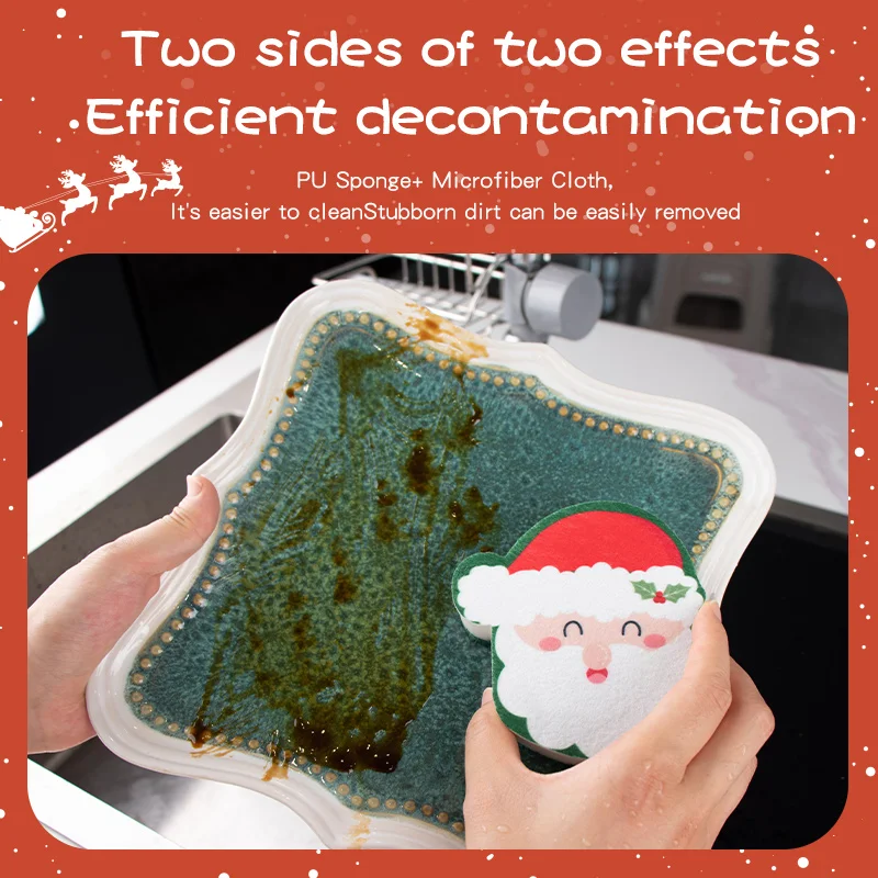 Customize Christmas Style Cartoon Three layers Scrub washing Sponge Pad for Kitchen Cleaning Scrubbing