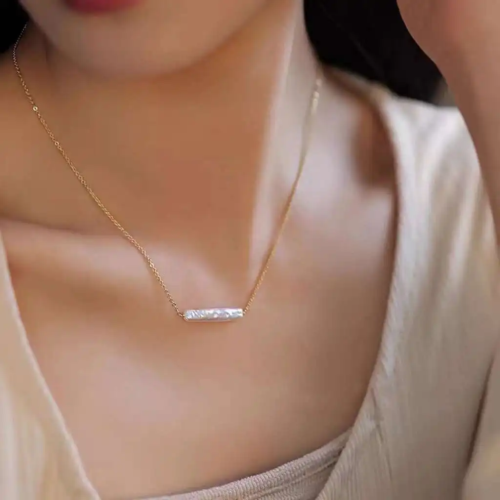 Square silver bar natural Baroque pearl necklace, high-end and simple freshwater pearl necklace jewelry
