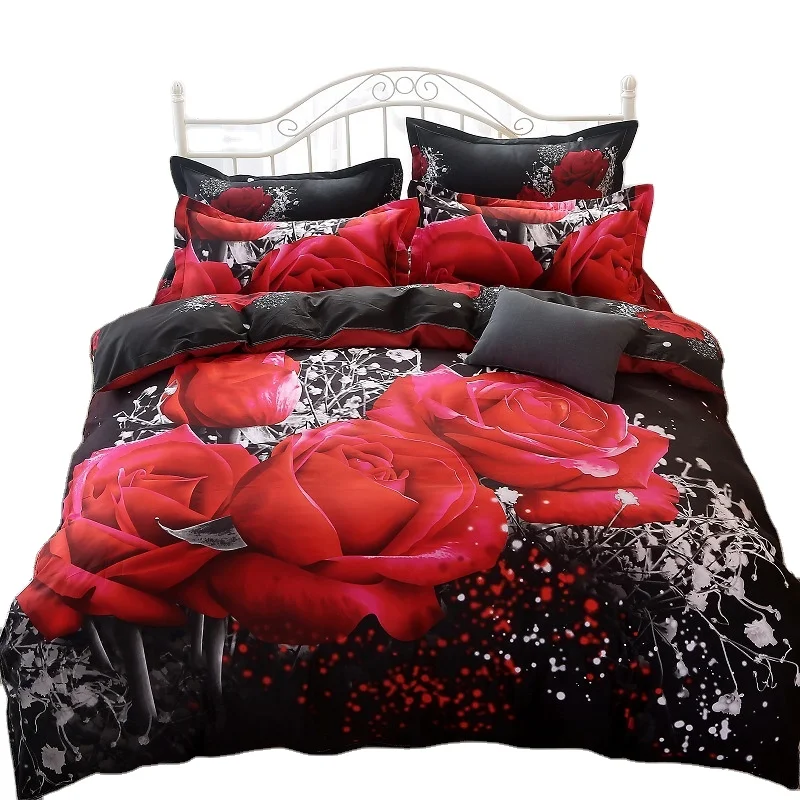 Custom Printed 3D Flower Red Rose Bed cover set 100 polyester printed 4 piece, 6 pieces bedding set