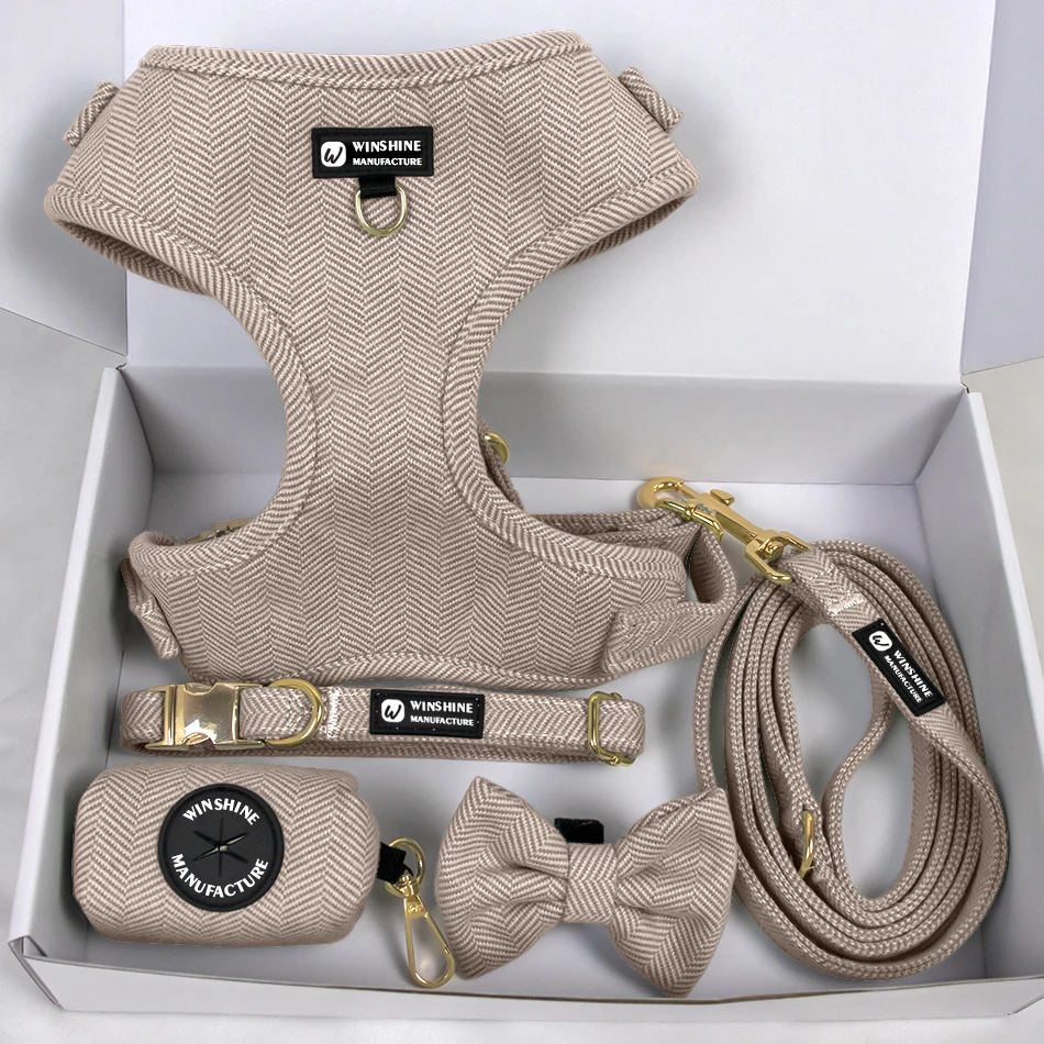 Personalized No Pull Tweed Pet Dog Harness Leash Lead Collars Set Custom Logo Wholesale Manufacturers Luxury pet boutique