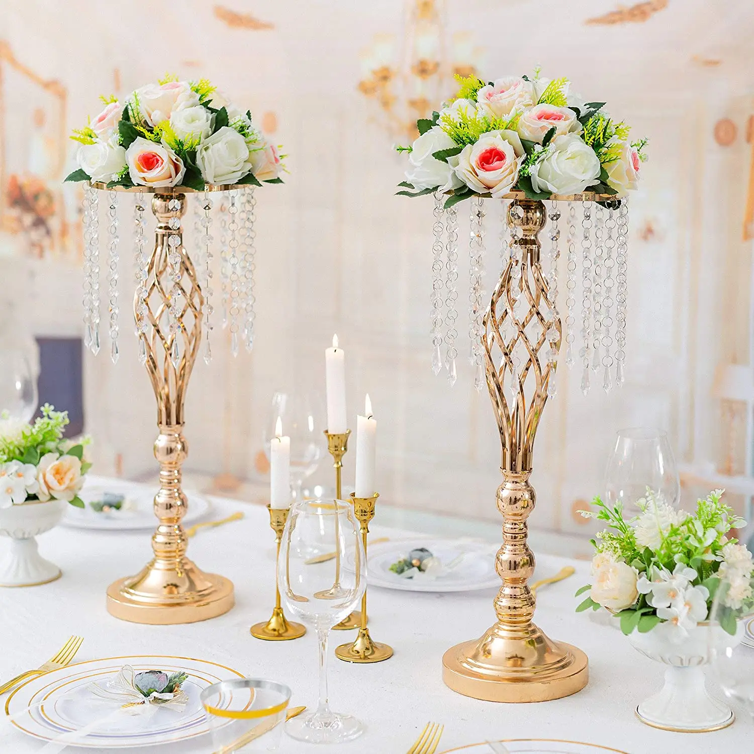 Metal Gold Wedding Centerpieces Table Decorations Flower Stand Vases Holder with Crystal Bead Chain For Party Wedding Decor