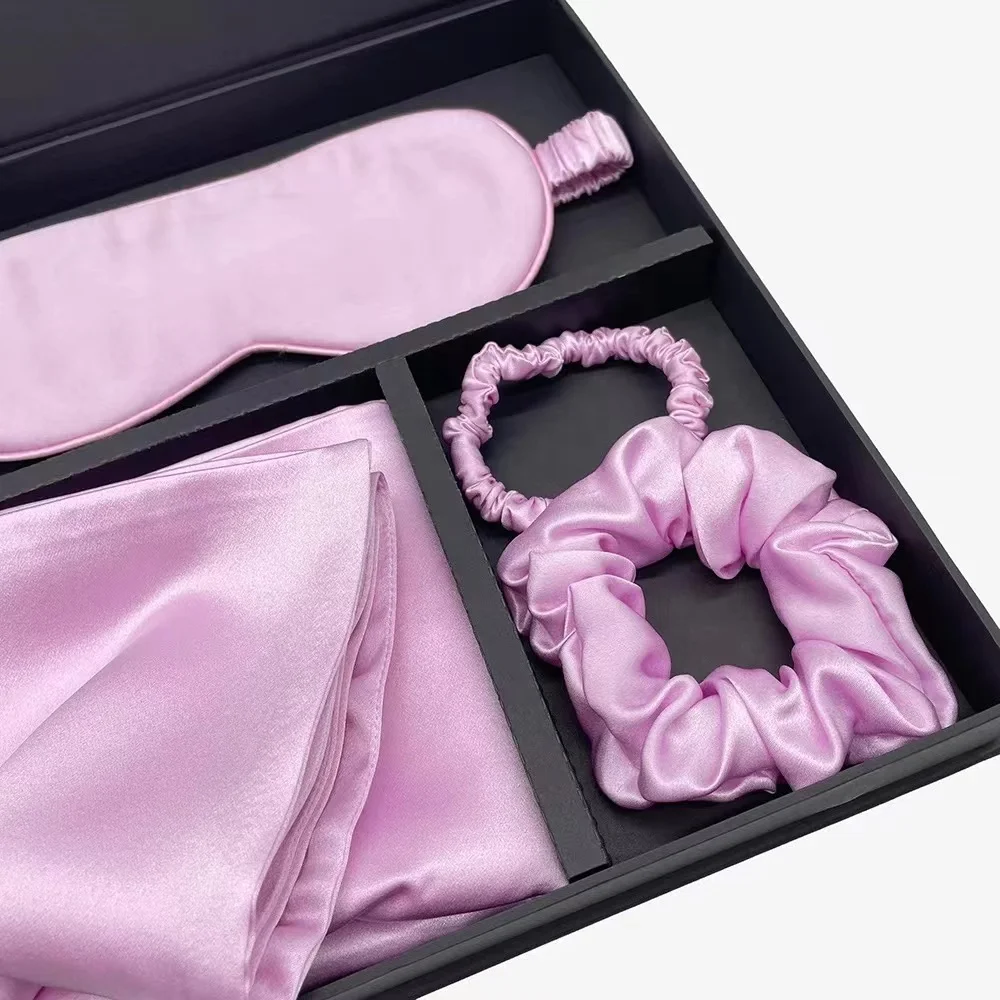 free tag embroidery logo big scrunchie silk eye mask silk pillow case 100% pure mulberry silk pillowcase box set