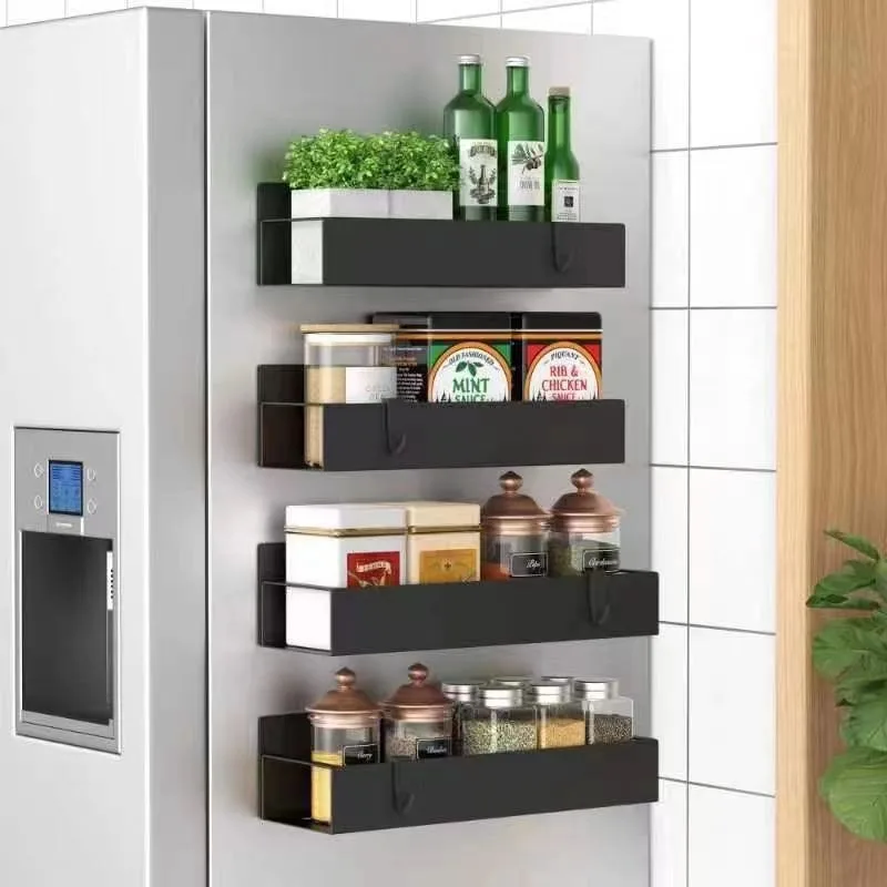 Magnetic Metal Spice Rack Organizer Double Tiers Standing Type for Refrigerator and Oven Black Fridge Organizers and Storage