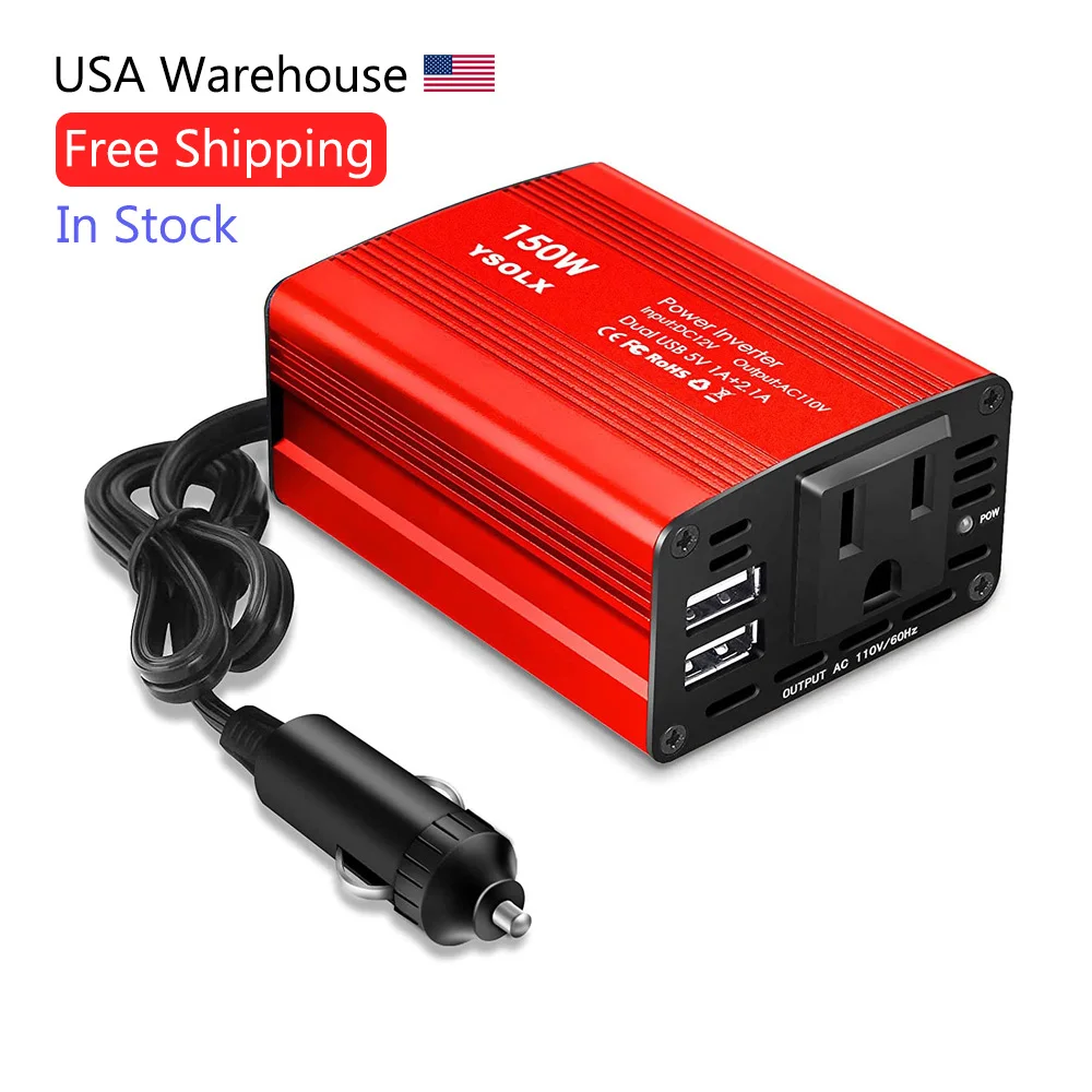 USA Local Stock Free Shipping 150W Car Power Inverter DC 12V To 110V AC Outlet Converter With 2.1A Dual USB Car Charger Adapter