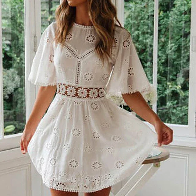 2023 Summer Custom Mini Clothing Boheme Women Hawaii Linen Cotton Swing White Loose Vintage Wit Dress For Lady
