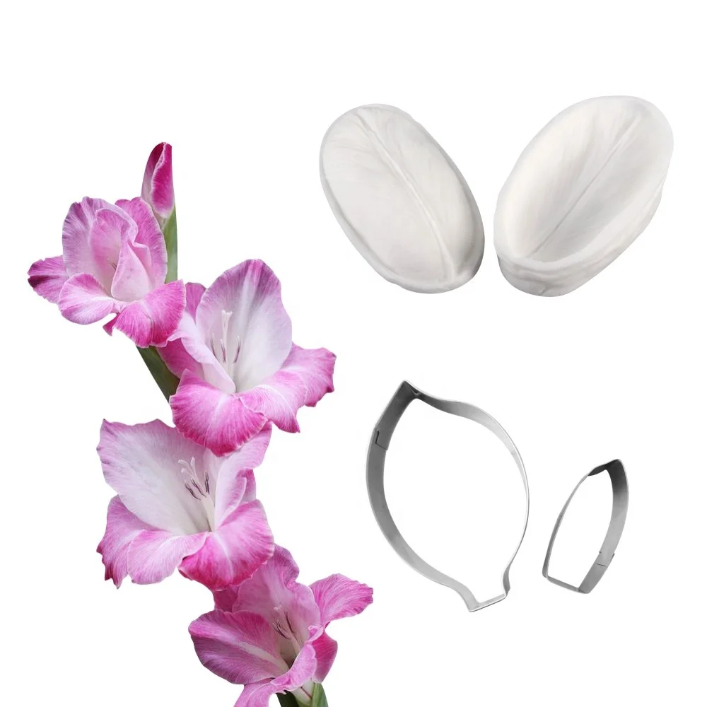 AK Sugarpaste Gladiolus Silicone Veiner Stainless Steel Fondant Cutters Flower Making Tools Set for Decorating Cakes A397&VM112