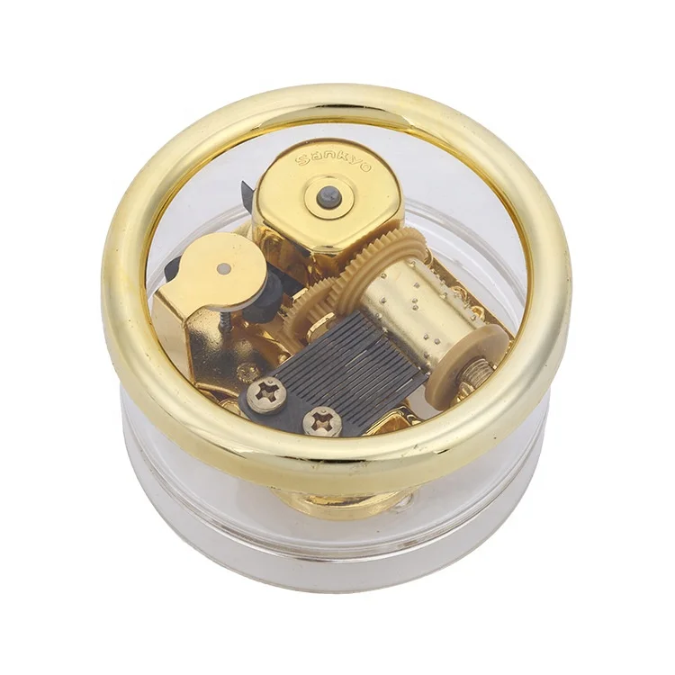 Ever Bright Wholesale Round-Shape Transparent Acrylic Music Box Metal Wind Up Gold Plating Mini Acrylic  Music Box For Kids Gift