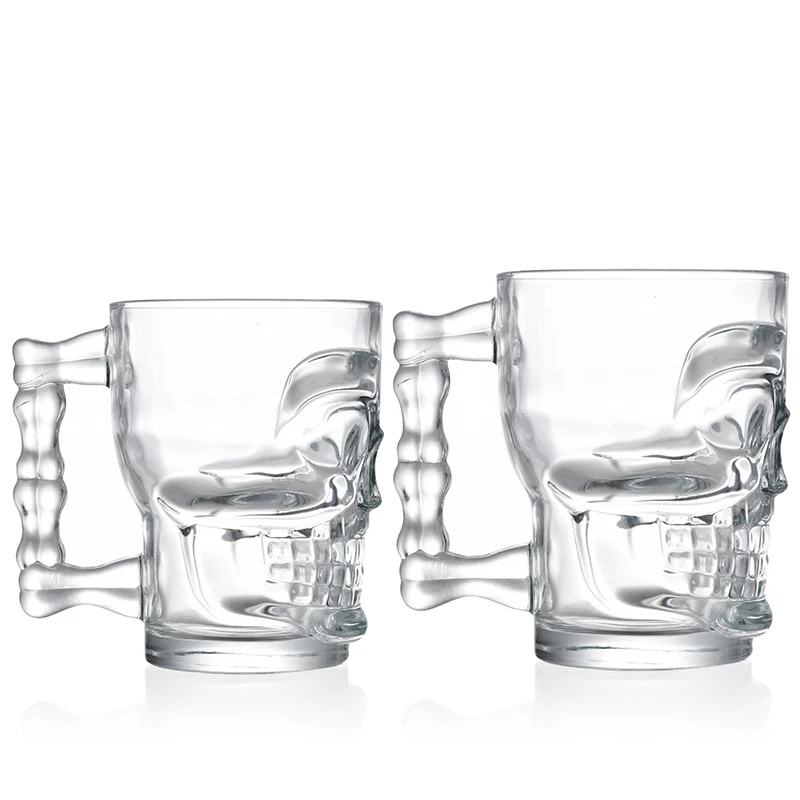 Wholesale skull shaped clear empty 500ml glass brandy vodka beer cup glass wine cup with handle