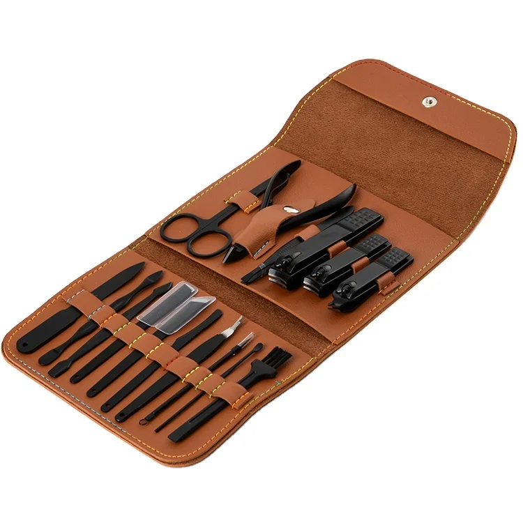 Black Stainless Steel Nail Clipper Cutter Trimmer Ear Pick Grooming Kit Manicure Set Pedicure Toe Nail Art  Tools Set 16 Pcs