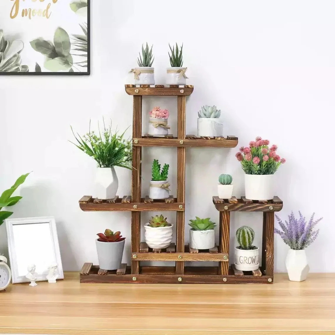 Multi-Tiered Pine Wood Pots Planter Display Rack Flower Pot Rack Shelf Flower Pot Stand
