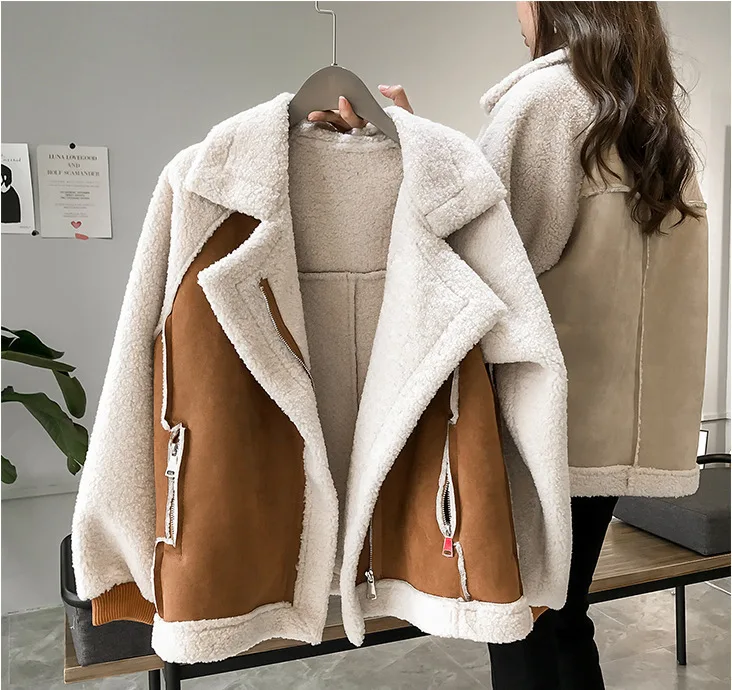 trendy casual zipper womens wool faux fur jackets warm winter coats