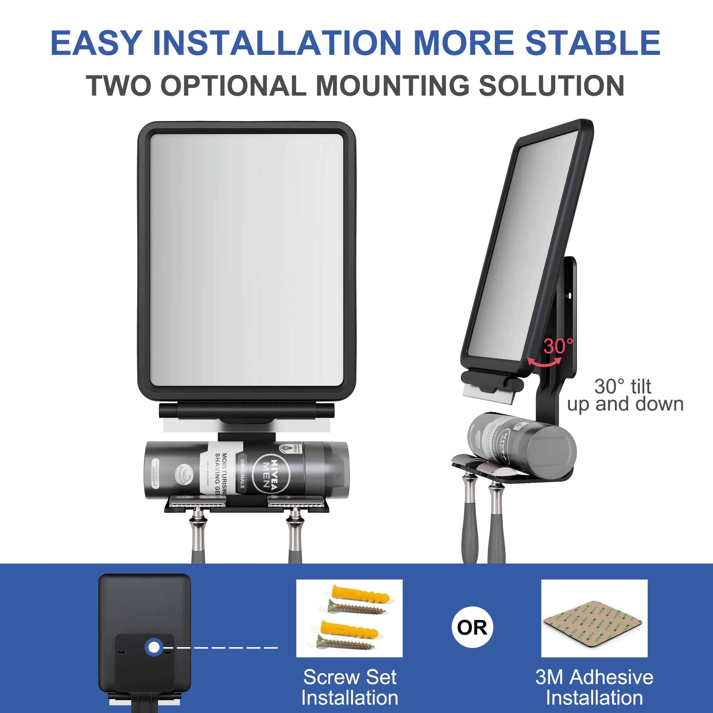 Custom Logo Upgraded Removable Anti Fog Wall Mounted Adjustable Razor Holder Fogless For Bathroom Shaving Shower Mirror