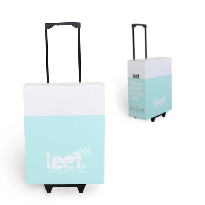 Recyclable Exhibiting Cardboard Trolley Box Cheapest Movable Cardboard Retail Suitcase Advertising Box