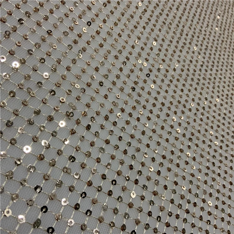 Cheap 3mm sequin 3 laminated full width grid embroidery gold sequin net mesh embroidery fabric for clothing
