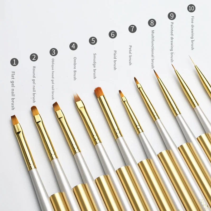 Professional 10 pcs. white wooden handle nail paint brush set professional nail art brush set high quality nail art brush sets