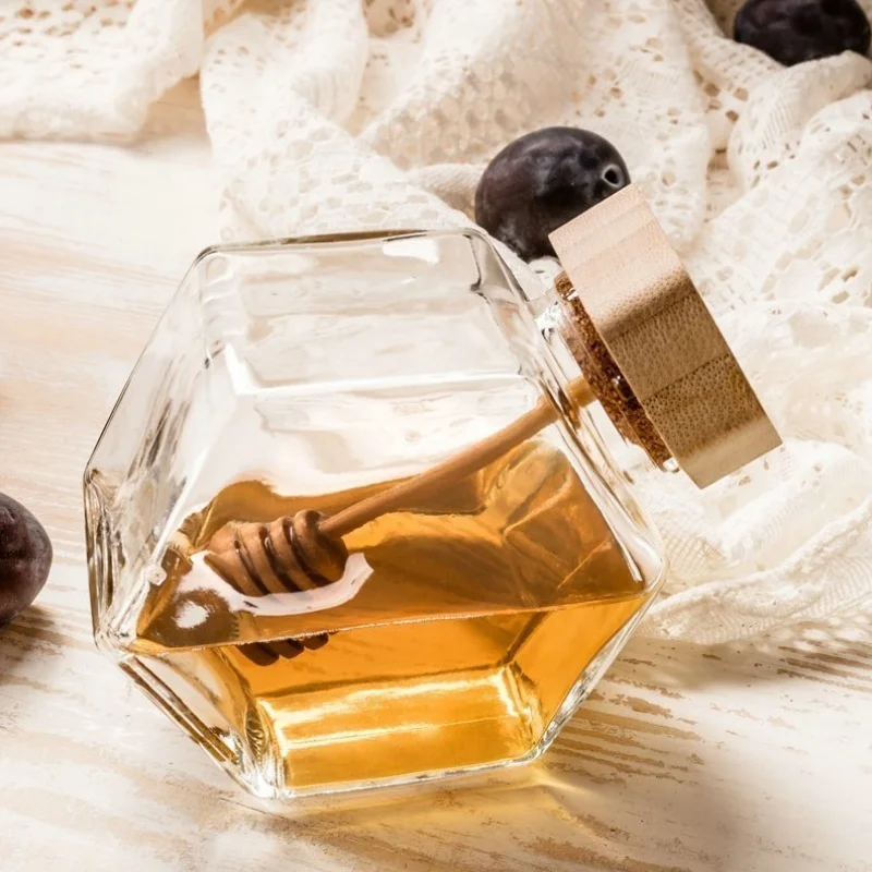 empty honey jar set Recyclable hexagonal honey jar food grade lead free custom size 80 ml glass honey jar