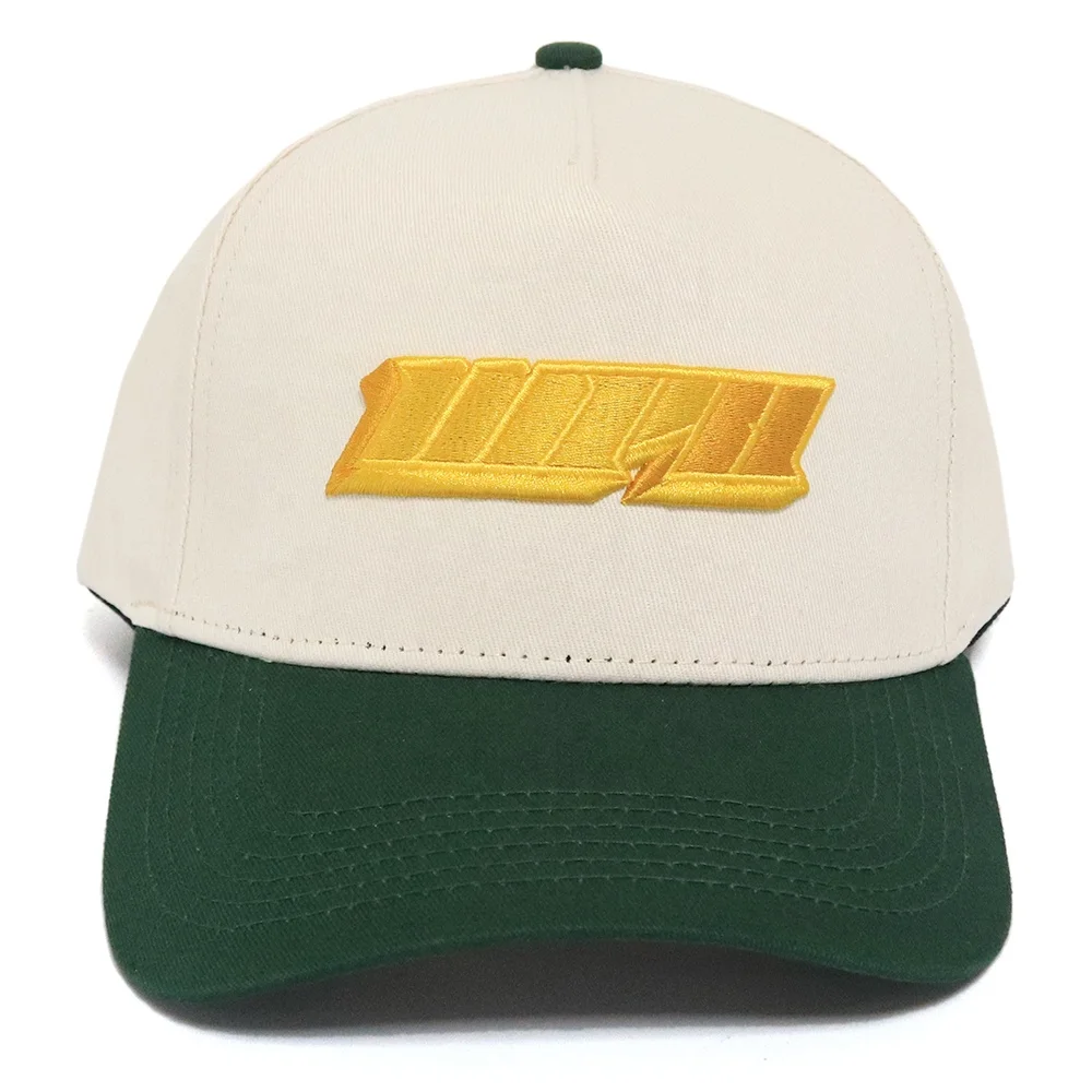 custom 100% cotton twill 5 panel 3d puff embroidered logo baseball cap a frame baseball caps cream and green hats