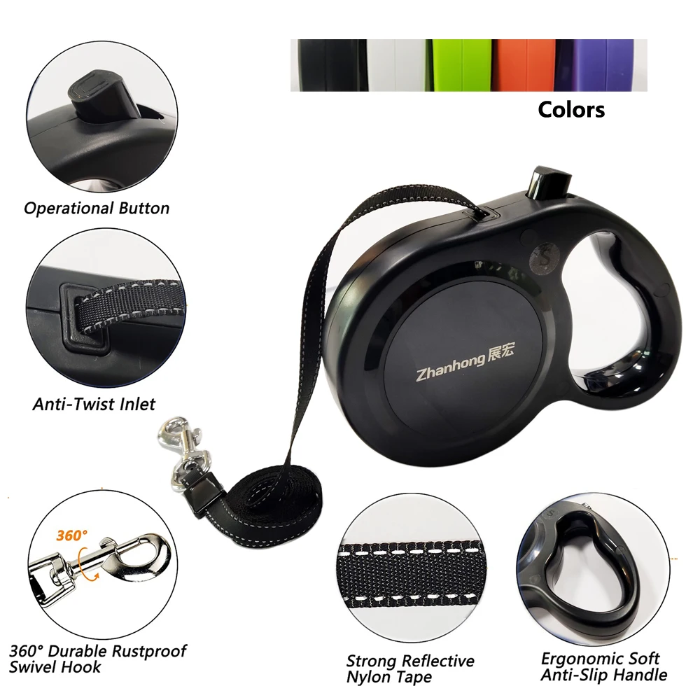 Manufacturer Wholesale Outdoor Automatic Retractable Leash Extendable Traction Training Pet Lead Nylon Black Dog Leashes