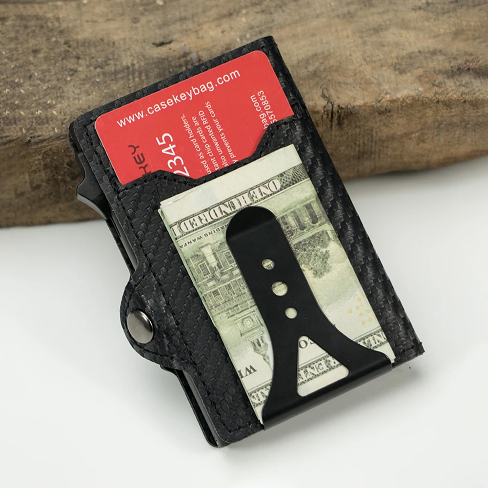 Casekey New Slim Minimalist Carbon Fiber Pu Leather Smart Wallet RFID Blocking Pop Up Bank Credit Card Holder with Money Clip