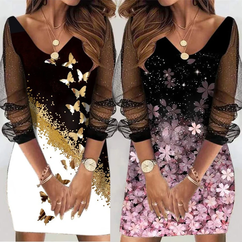 women  5xl plus size dress spring elegant Korea style chiffon sheer sleeve mini dress v neck golden glitter women dress