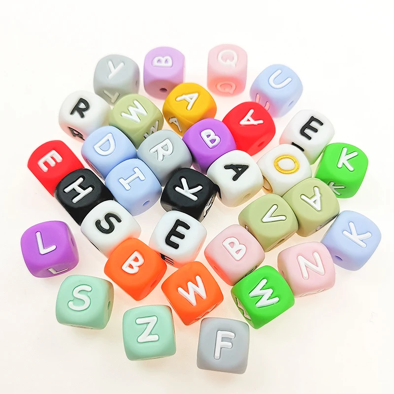 Cube silicone beads letters 12mm colorful 15mm 19mm silicone baby teether toy alphabet letter beads