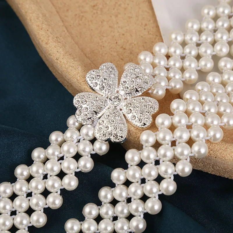 New Arrival Fashion Elastic  Flower Beaded Pearl Belts For Women Waist Chain Pearl Body Jewelry