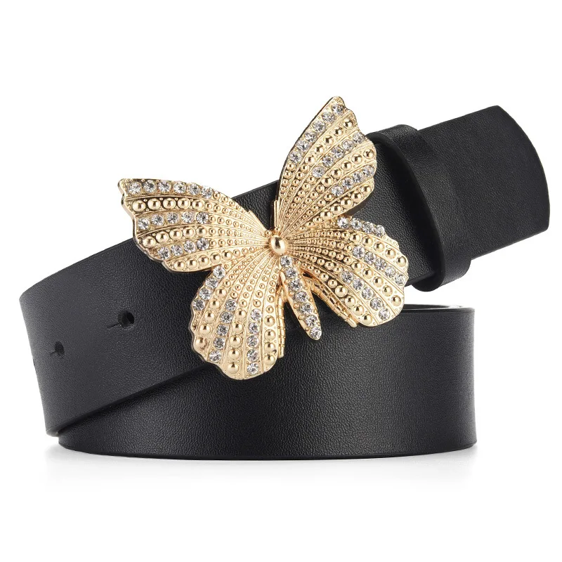 High Quality Butterfly Buckle Rhinestones  Belt Fashion Womens Synthetic Leather Belt Casual Jeans Belt