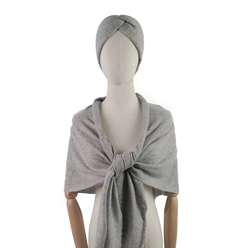 Set of Three Light Grey Pure Cashmere Headband Beanie and Triangular Scarf Pashmina Muffler