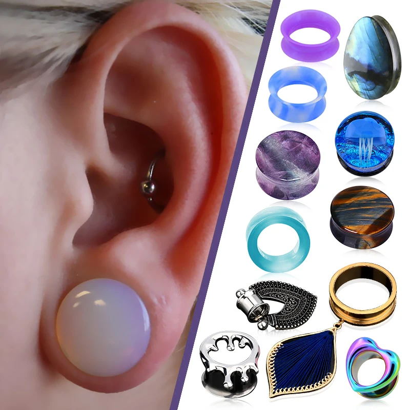 wholesale Stainless steel glass stone wooden ear tunnels crystal hangers plug piercing jewelry ear tunnels gauges