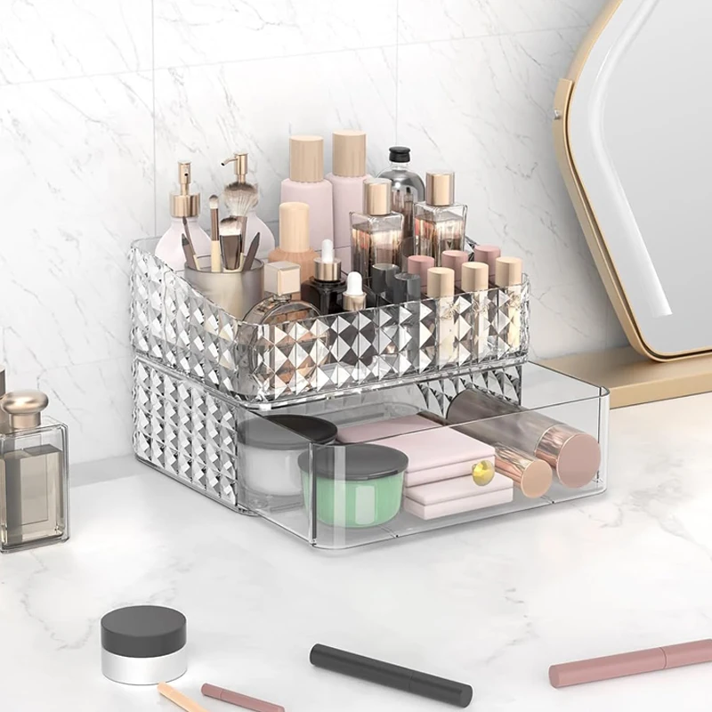 Stackable Clear Acrylic Cosmetic Storage Box Vanity Makeup Organizer w/ Drawer Tray for Lipstick Eyeshadow Skincare Display Case