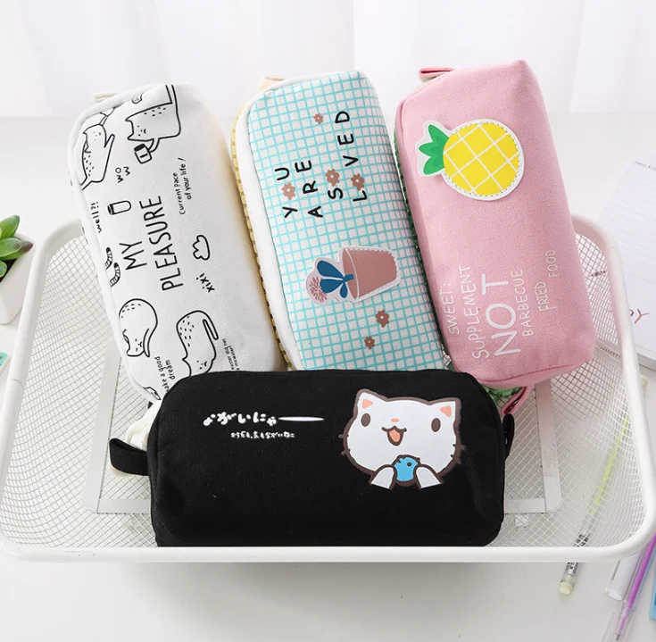 Простой холщовый пенал на молнии для девочек, вместительный милый пенал для студентов