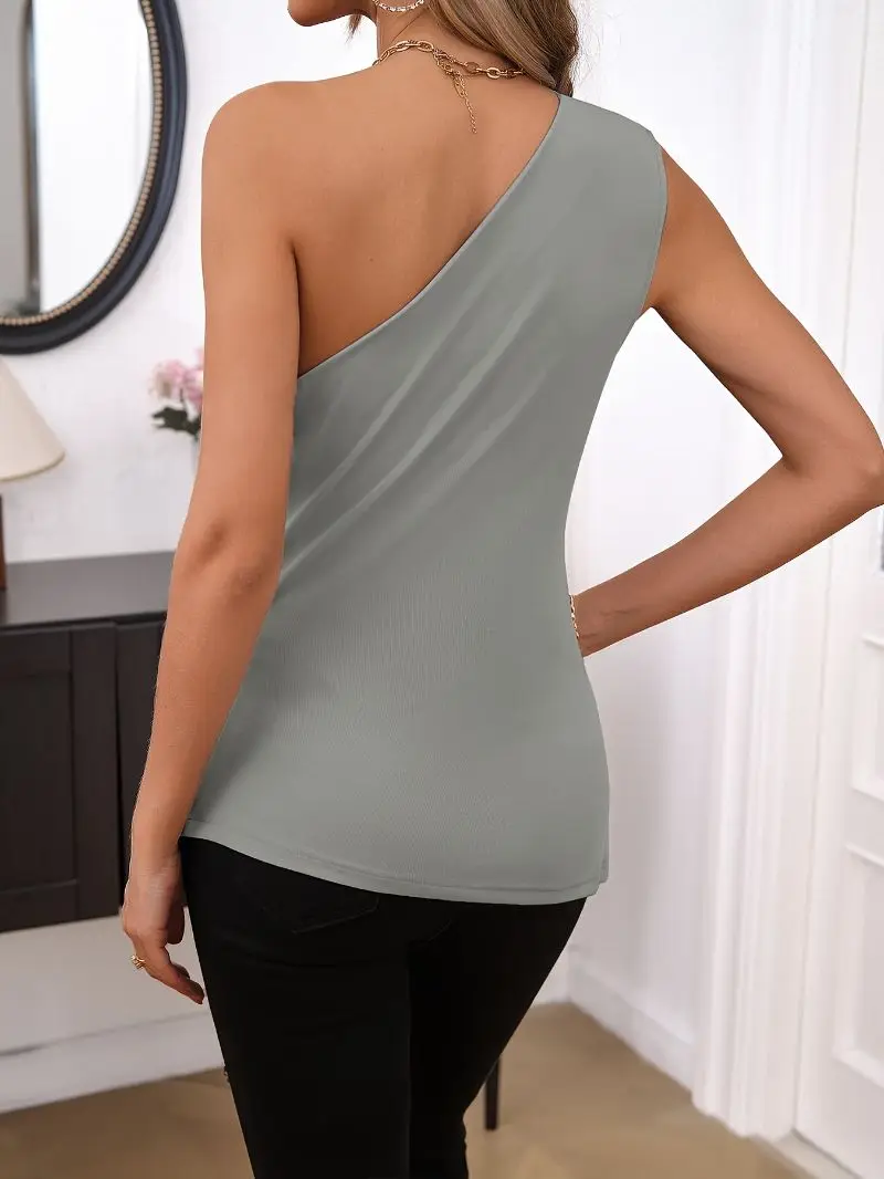Summer trendy clothing Blank Tank Tops Elegant knitted irregular slant One shoulder pleated Sleeveless Top for womens