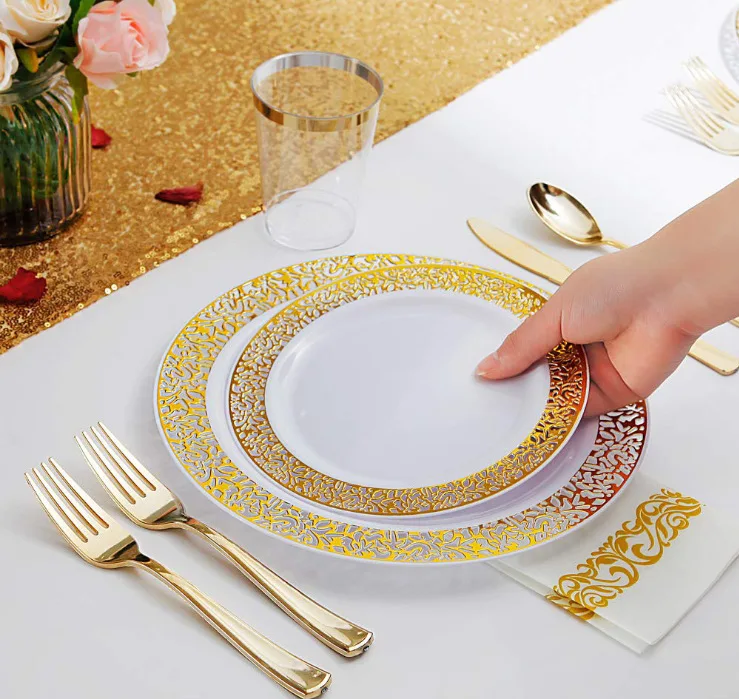 150pcs set Valentine Day Plastic Dinnerware Set Plates Cups Knife Spoon Fork Disposable Plastic Wedding Cutlery Set