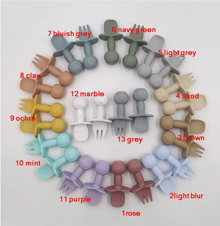 Wholesales Non-toxic  Food Grade Safety  Silicone  Baby Spoon and Fork Set for Kids